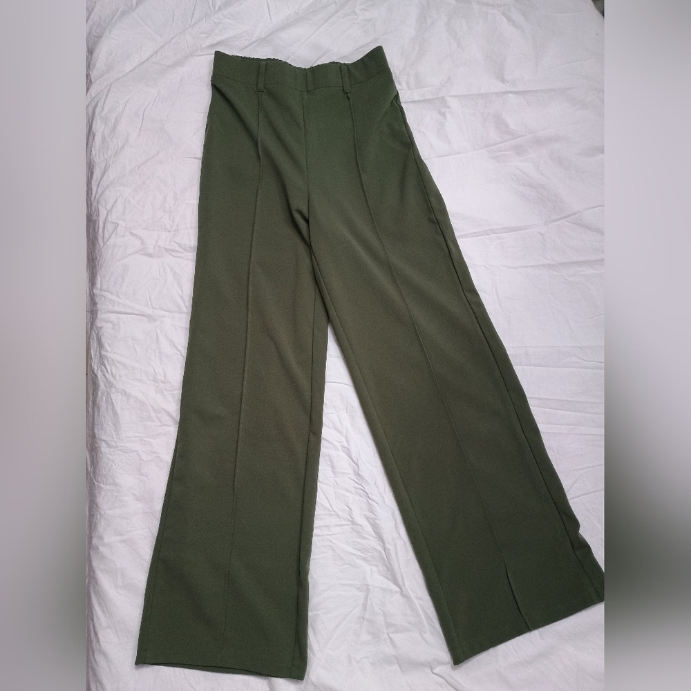 Women's High-Waist Wide Leg Trousers - Olive Green